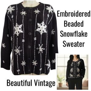 Vintage Holiday Sweater Christmas Cardigan Snowflakes Embroidery Beaded Gemstone